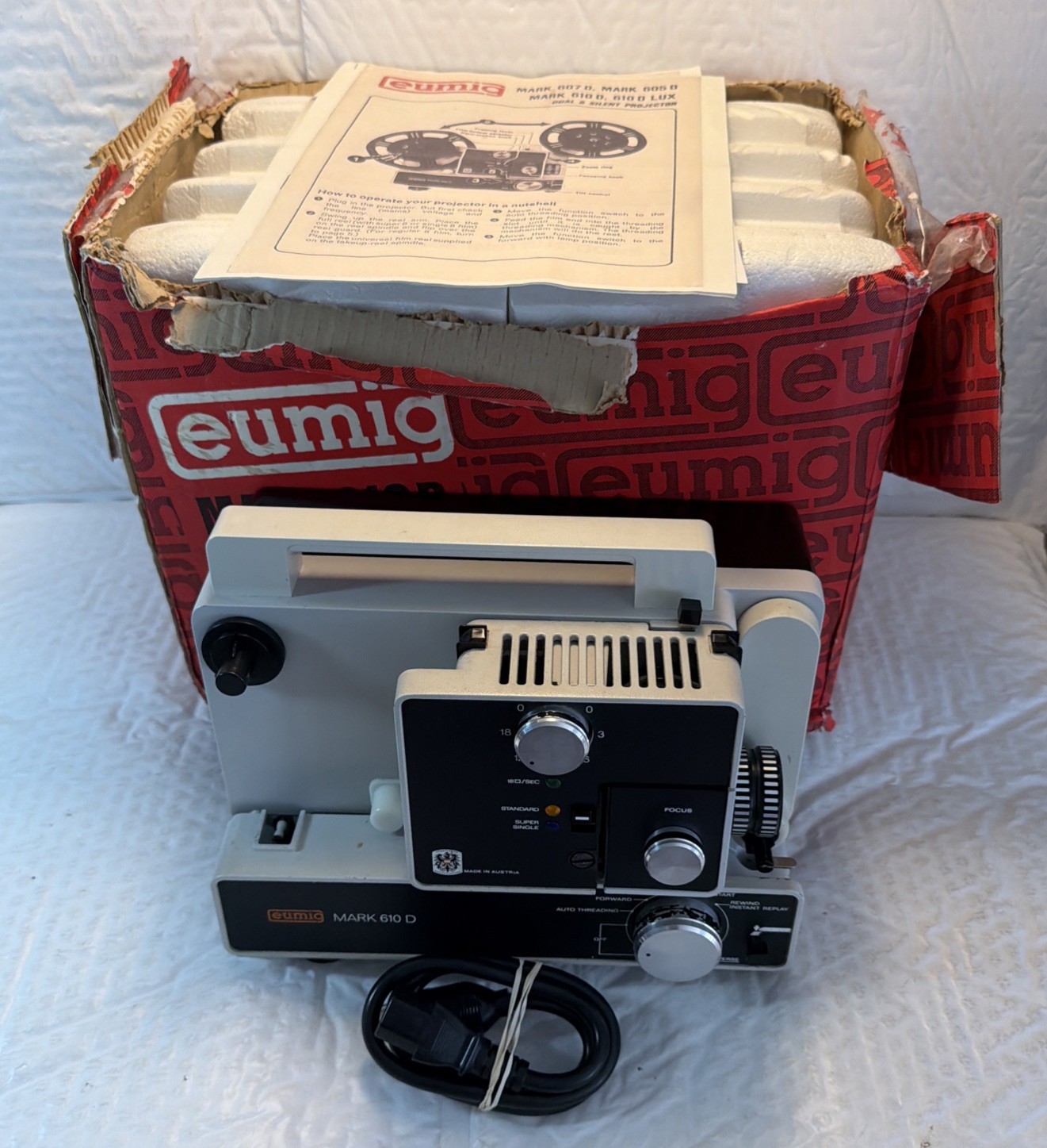 Eumig Mark 610D Dual 8mm Film Motion Picture Projector w/ Box, Manual.  As/Is