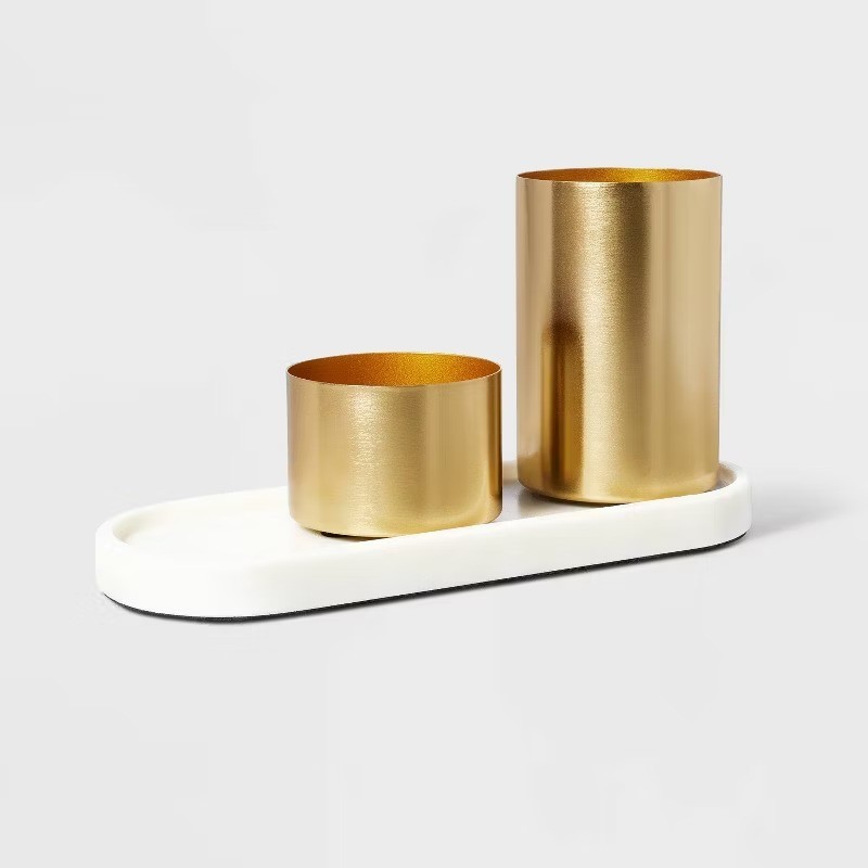 Modular Desk Org Marble Tray and Metal Cups Set Desk Organizer, Office Supplies