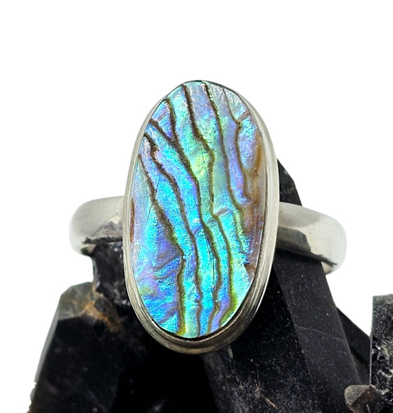 Statement Paua Shell Ring, Size 11, Sterling Silver, Long Oval Shape, Blue Green
