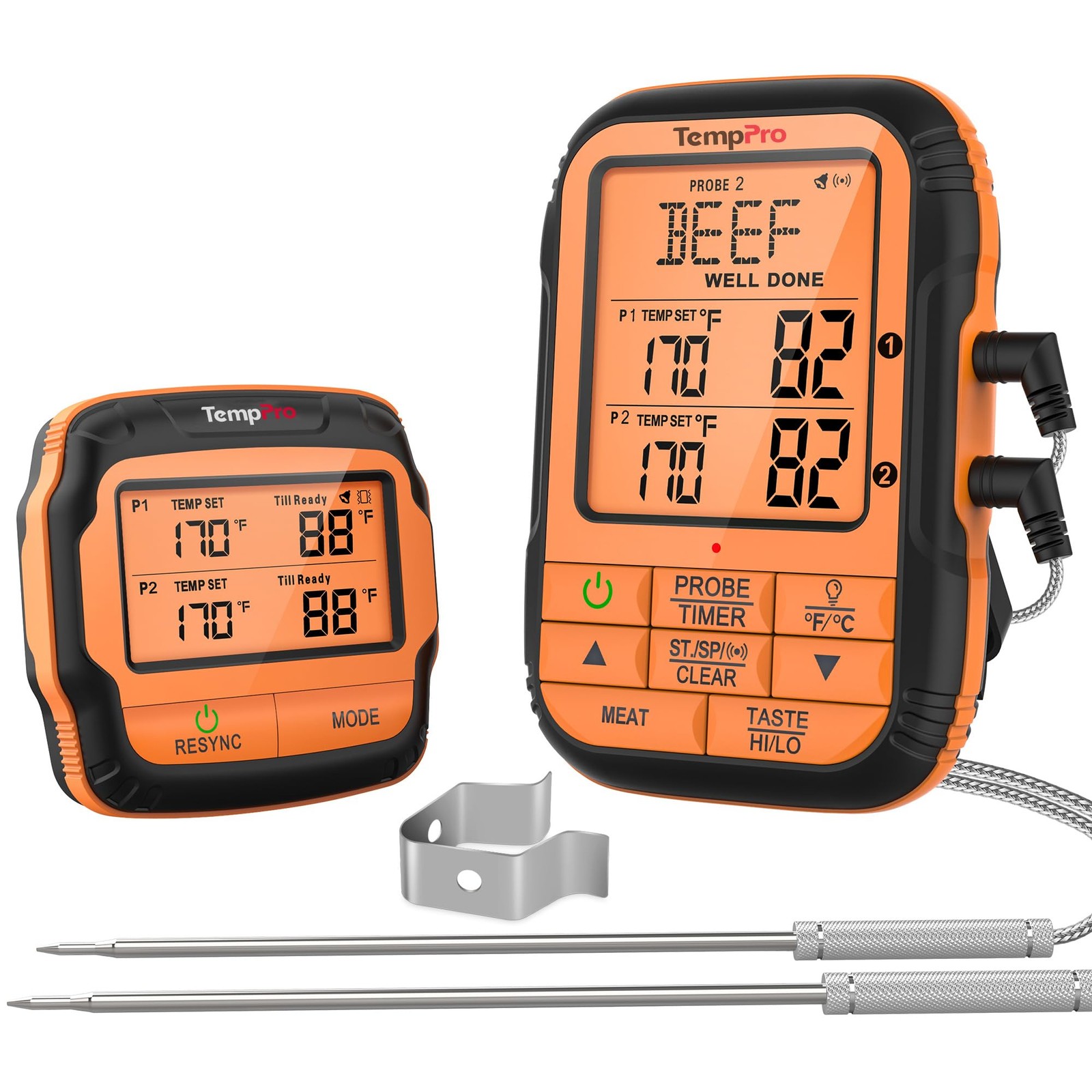 TempPro TempSync 500FT Wireless Meat Thermometer Two Probes, black or silver