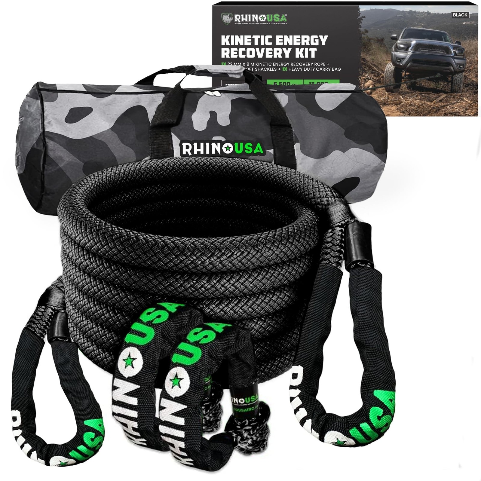 Rhino USA Kinetic Rope Recovery Kit (7/8in x 30ft) - Heavy Duty Offroad Snatc...
