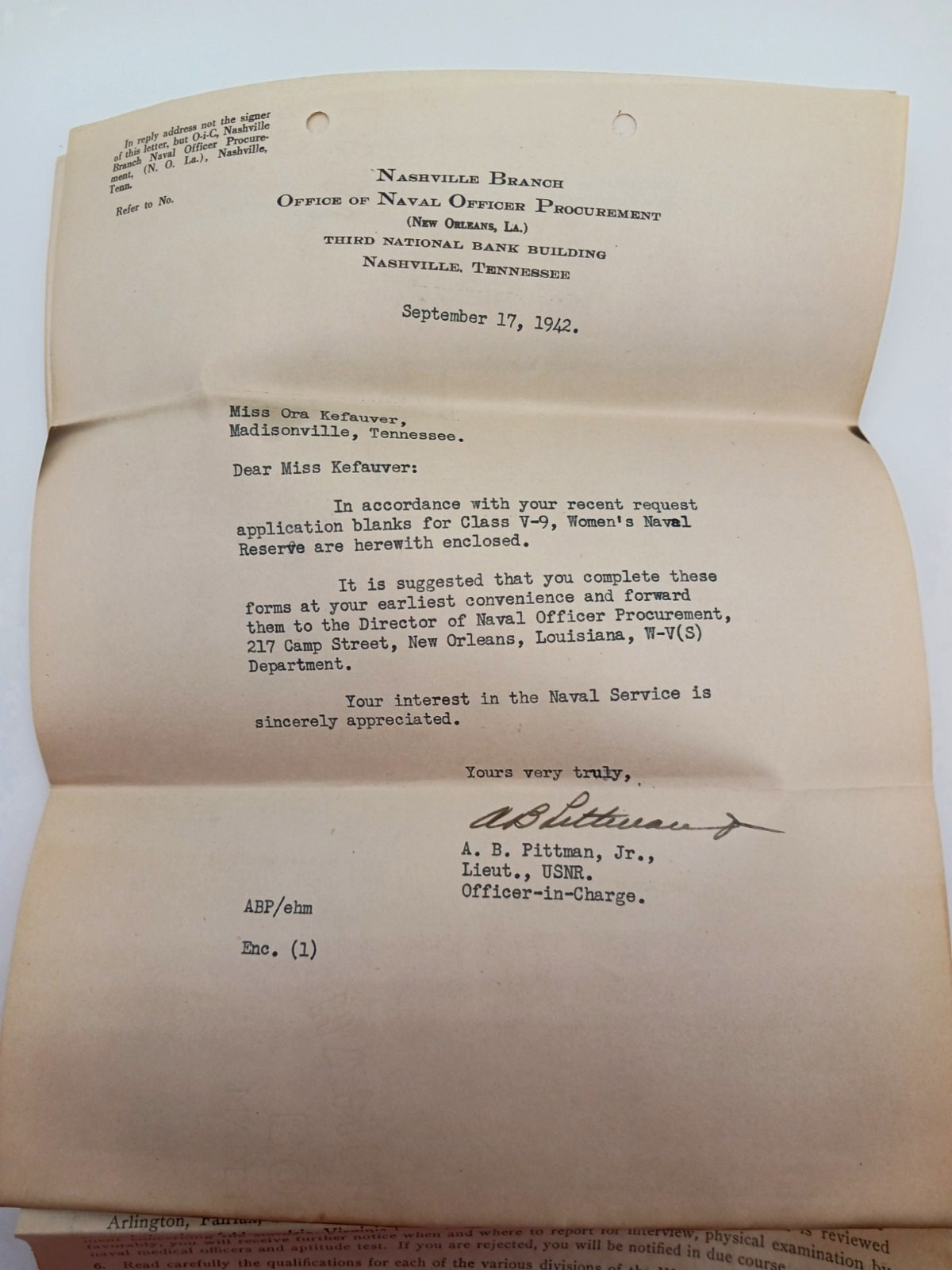 1942 Womens U S Naval Reserve Officers Midshipmen Application Letter WW2 Wartime