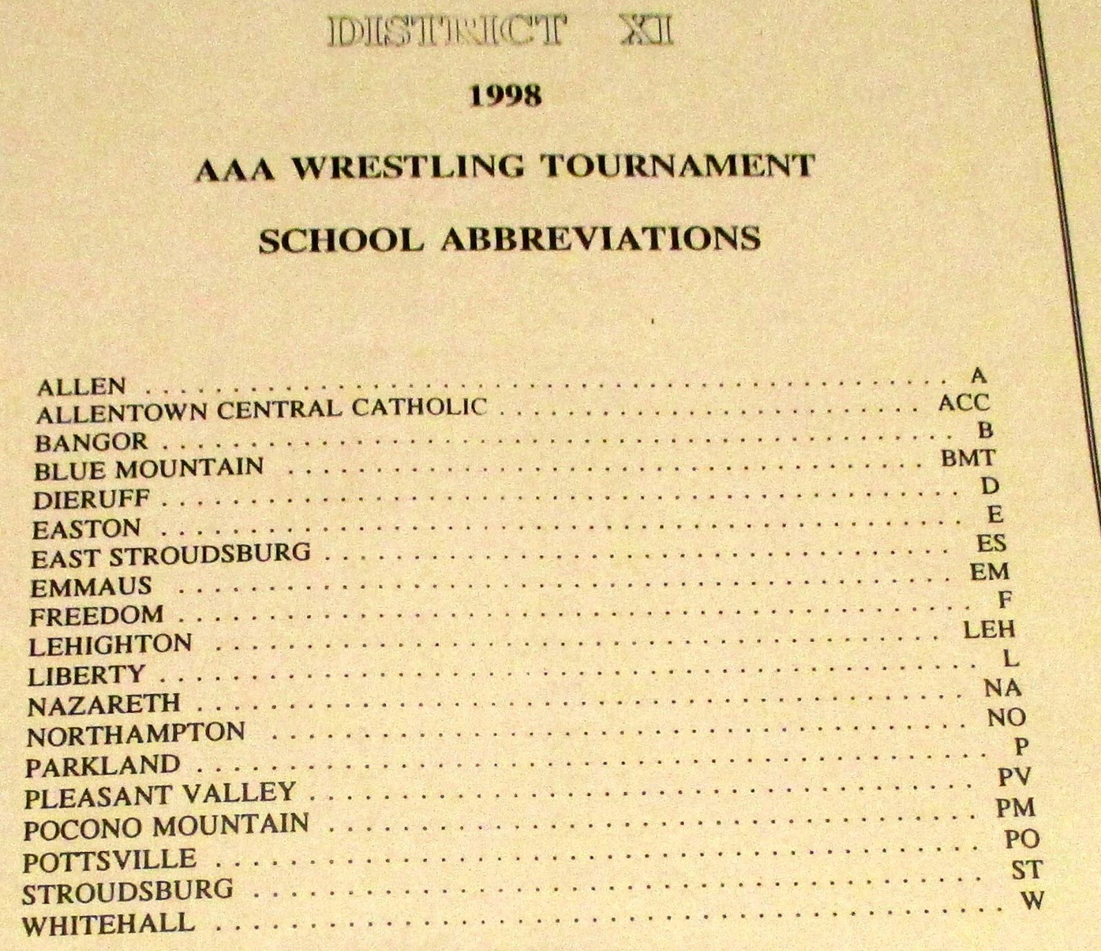 1998 PIAA District 11 Class AA & AAA Wrestling Championship Souvenir Program