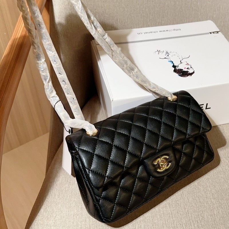 Classic Flap CF Leather Pattern Shoulder Bag with Stripes - Black Small Size