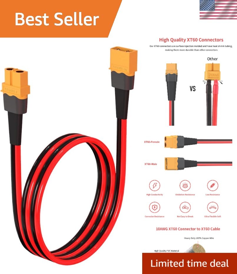 Efficient 2FT XT60 Extension Cable, 10AWG - Perfect for Solar Panel Connections