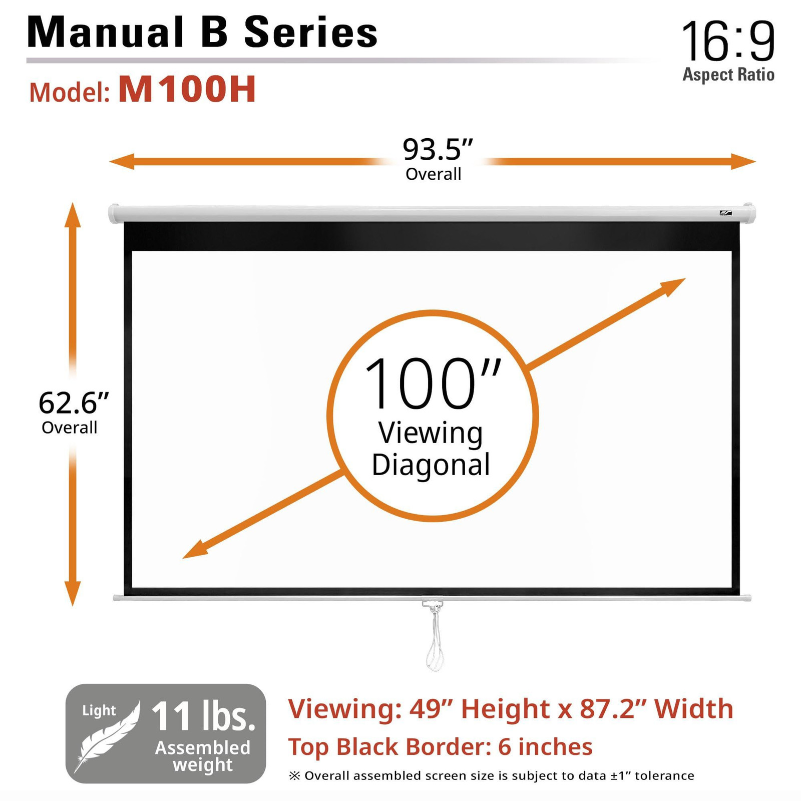 Elite Screens Manual B, 100-INCH Pull Down Projector 100 INCH, White