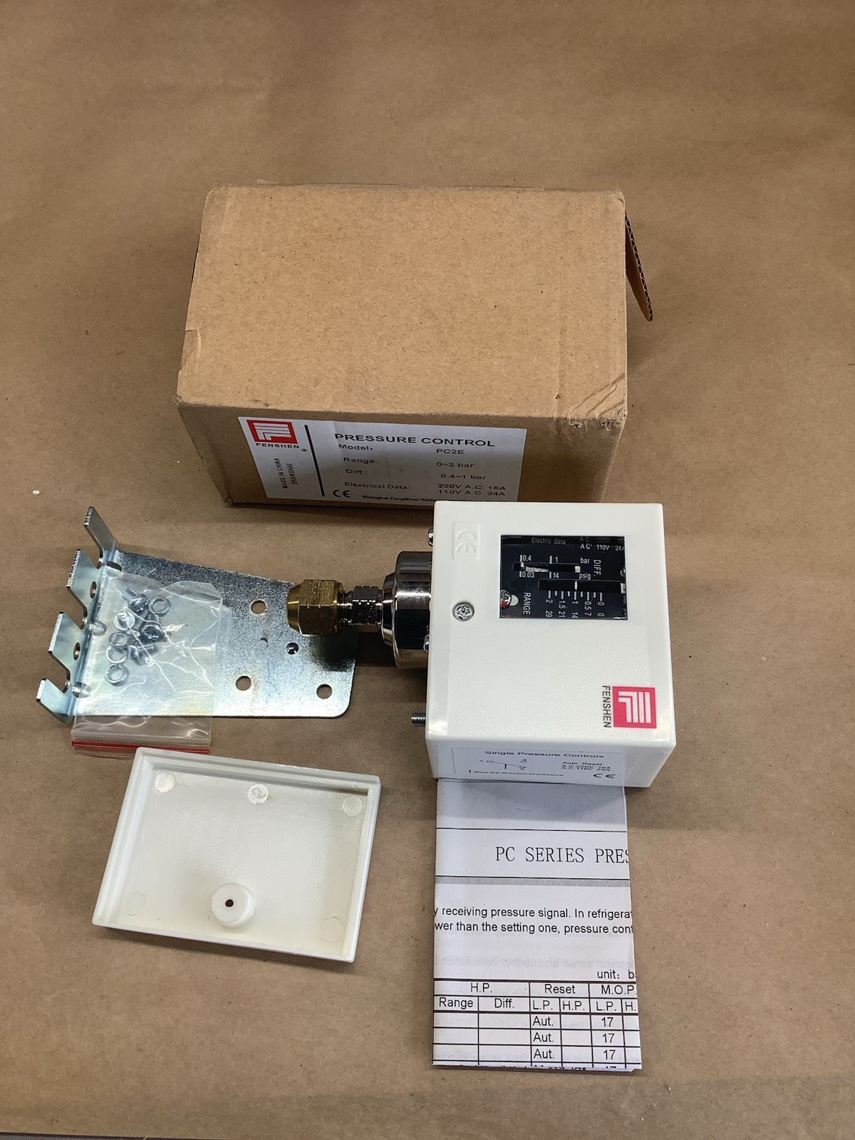 Fenshen PC2E Pressure Controller Switch 0~2 Bar, 220VAC 16A, 110VAC 24A New