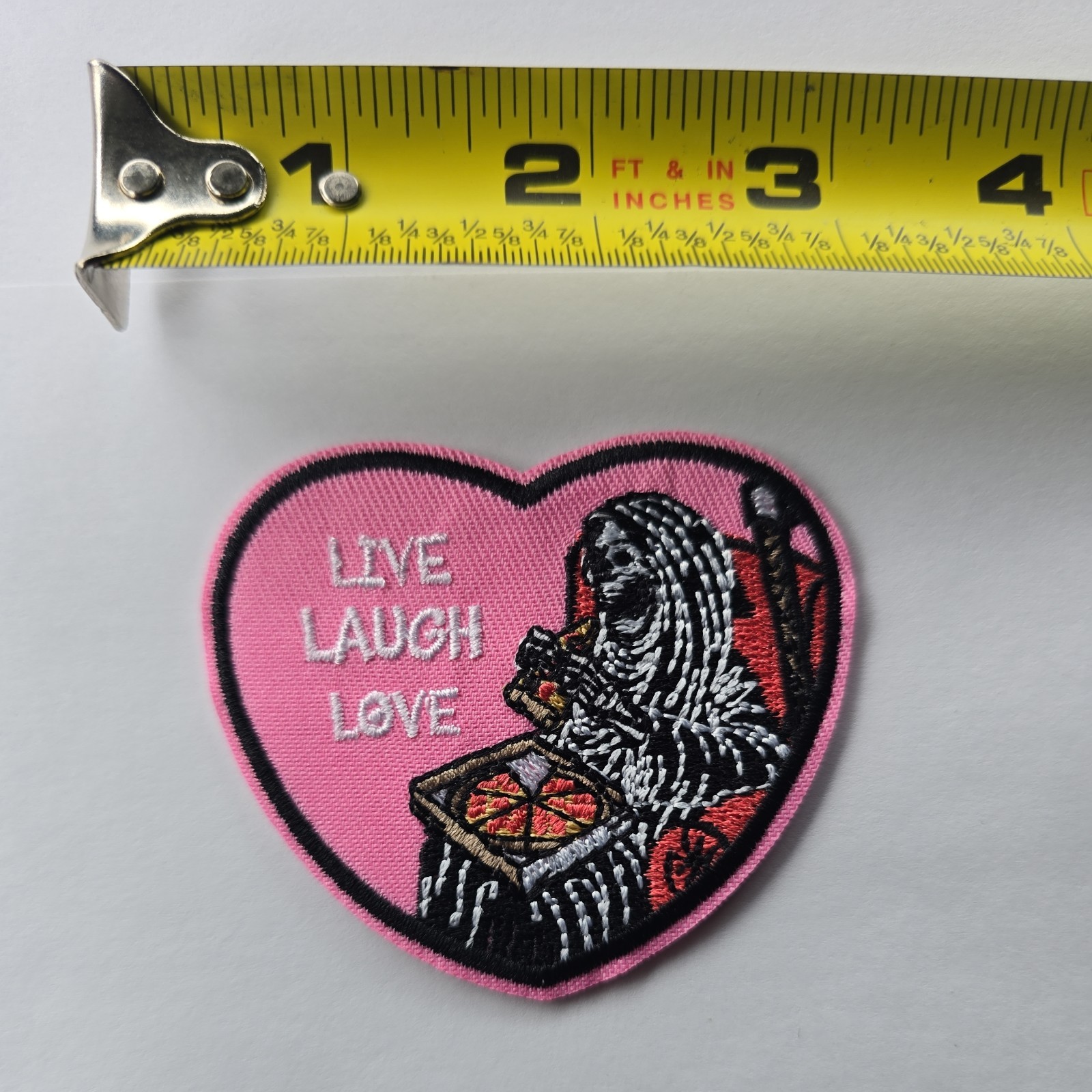 Live Laugh Love reaper eating pizza heart Morale Patch Iron On Embroider Patch