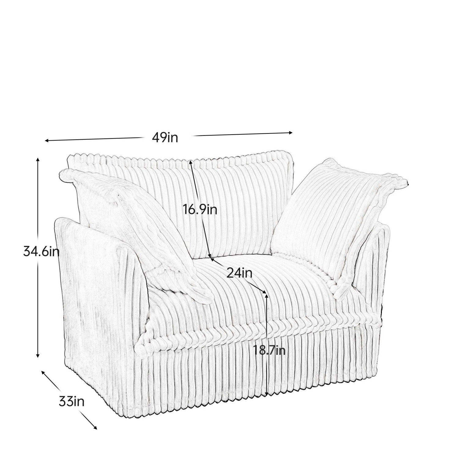Single Sofa Corduroy Upholstered Armchair Living Room Furniture w/ Pillow Cream