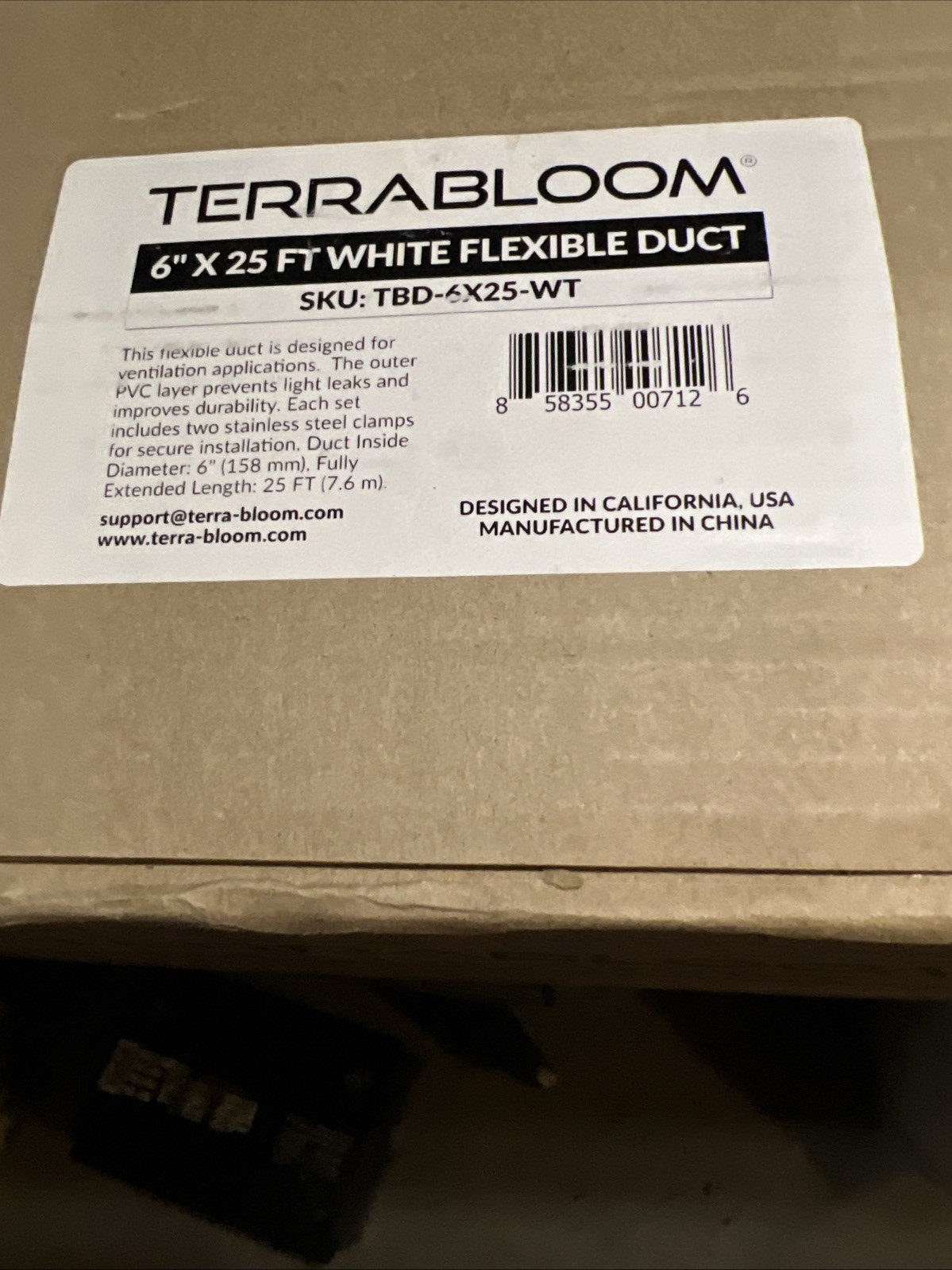 TerraBloom 6” x 25ft White Flexible Ducting - HVAC Grow Tent Ventilation - NEW