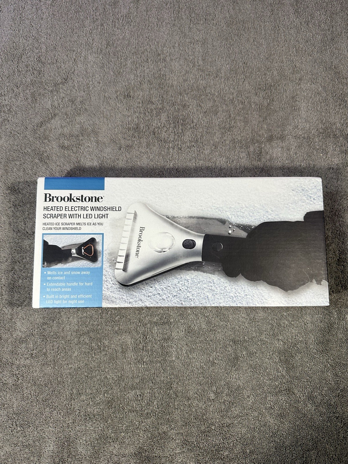 Brookstone Windshield Scraper Heated Electric With LED Light Snow Ice Melter NEW