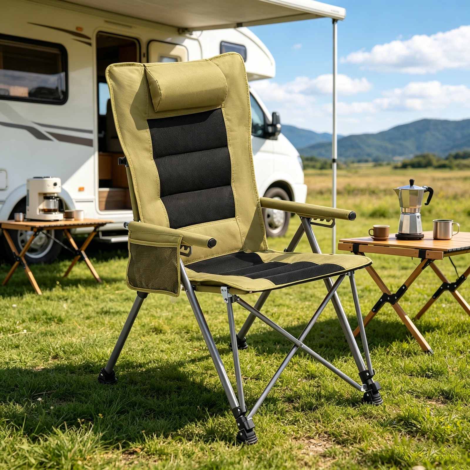 5-Position Adjustable Reclining Camping Chair, Side Pocket & Carry Bag for Beach