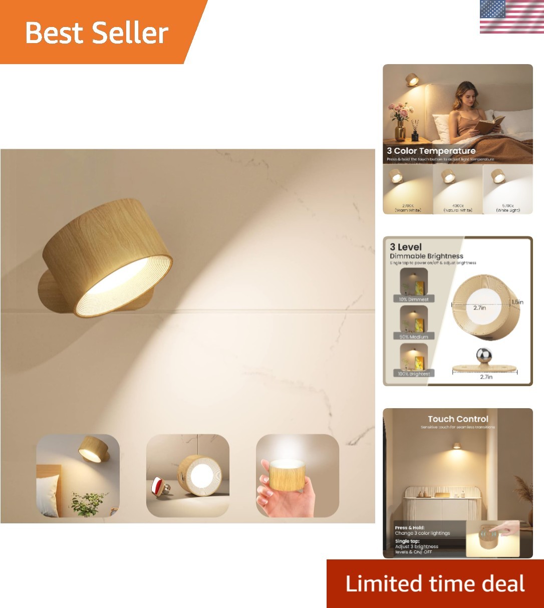 LED Sconces, Wall Mounted Lamps with Rechargeable Battery Operated USB Port 3...