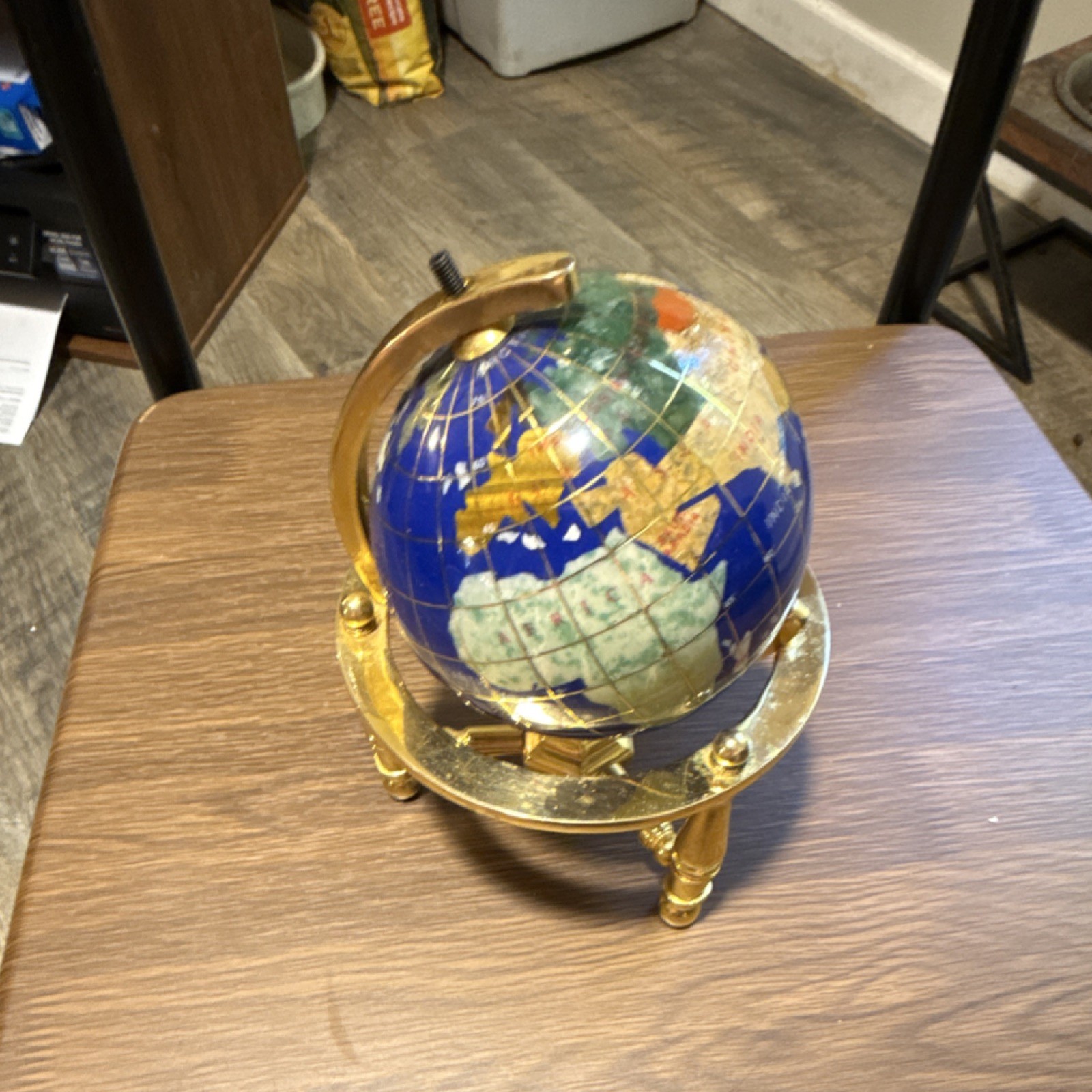 Globe Small Blue Gemstone Tabletop Rotating Brass Stand 8in Decorative Globe