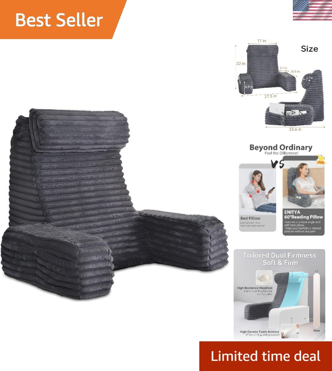 22" XL Back Pillow for Bed Sitting Up with Armrests & Big Pockets | Reading P...