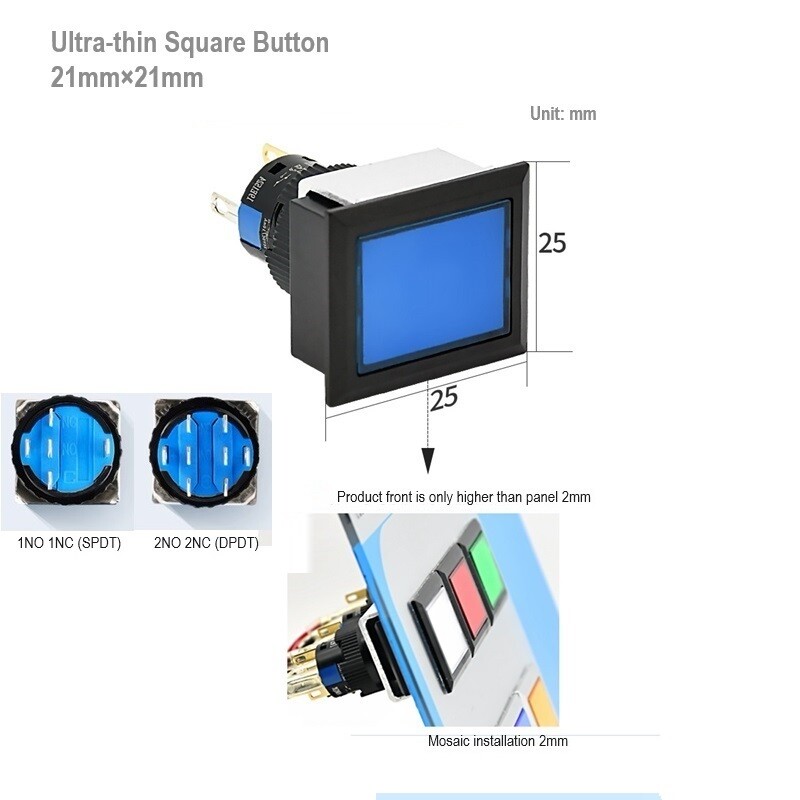 22mm SPDT/DPDT 5A 250VAC Black Square LED illuminated Plastic Push Button Switch