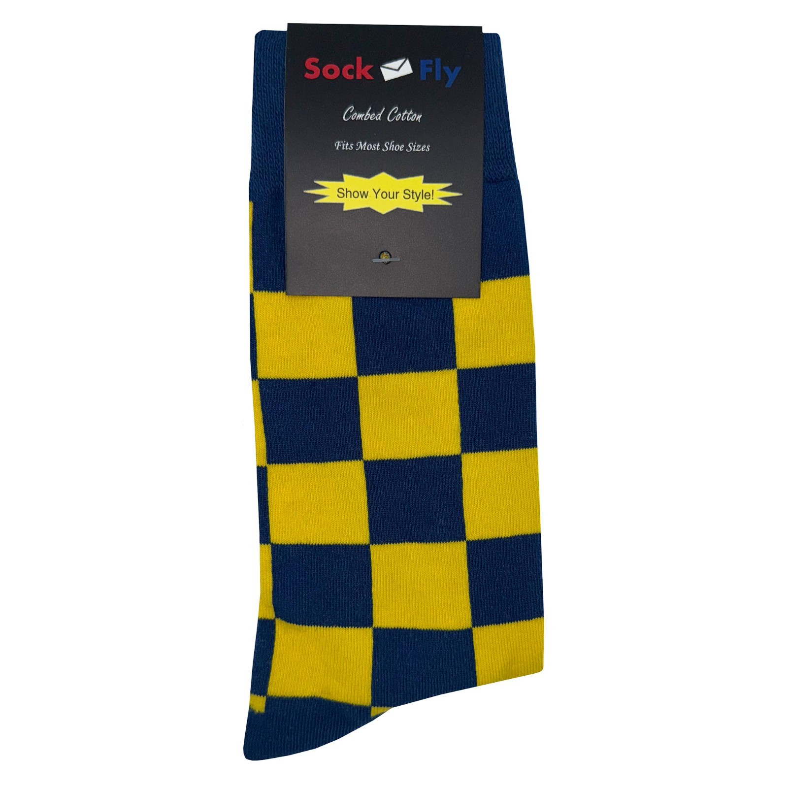 NWT Navy Blue Gold Checker Dress Socks Novelty Men 8-12 Crazy Fun Sockfly