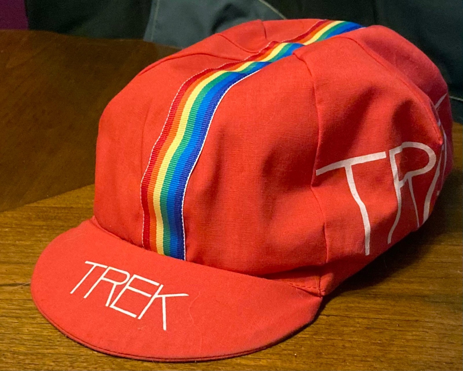 Vintage Trek Cycling Hat Cap Red Stripe Rainbow Bicycle Race Bike USA 70s 80s