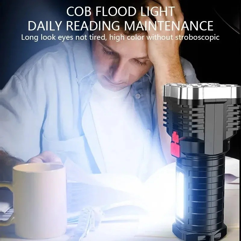Rechargeable LED Camping Spotlight High Power Flashlight with Side Light & Modes