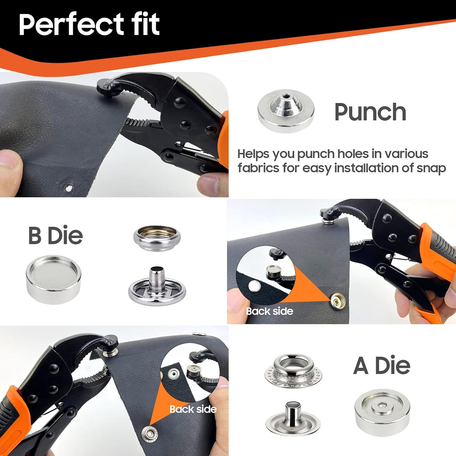 Heavy Duty Snap Fastener Tool Kit, Punching Function, Snap Button Tool with Adju