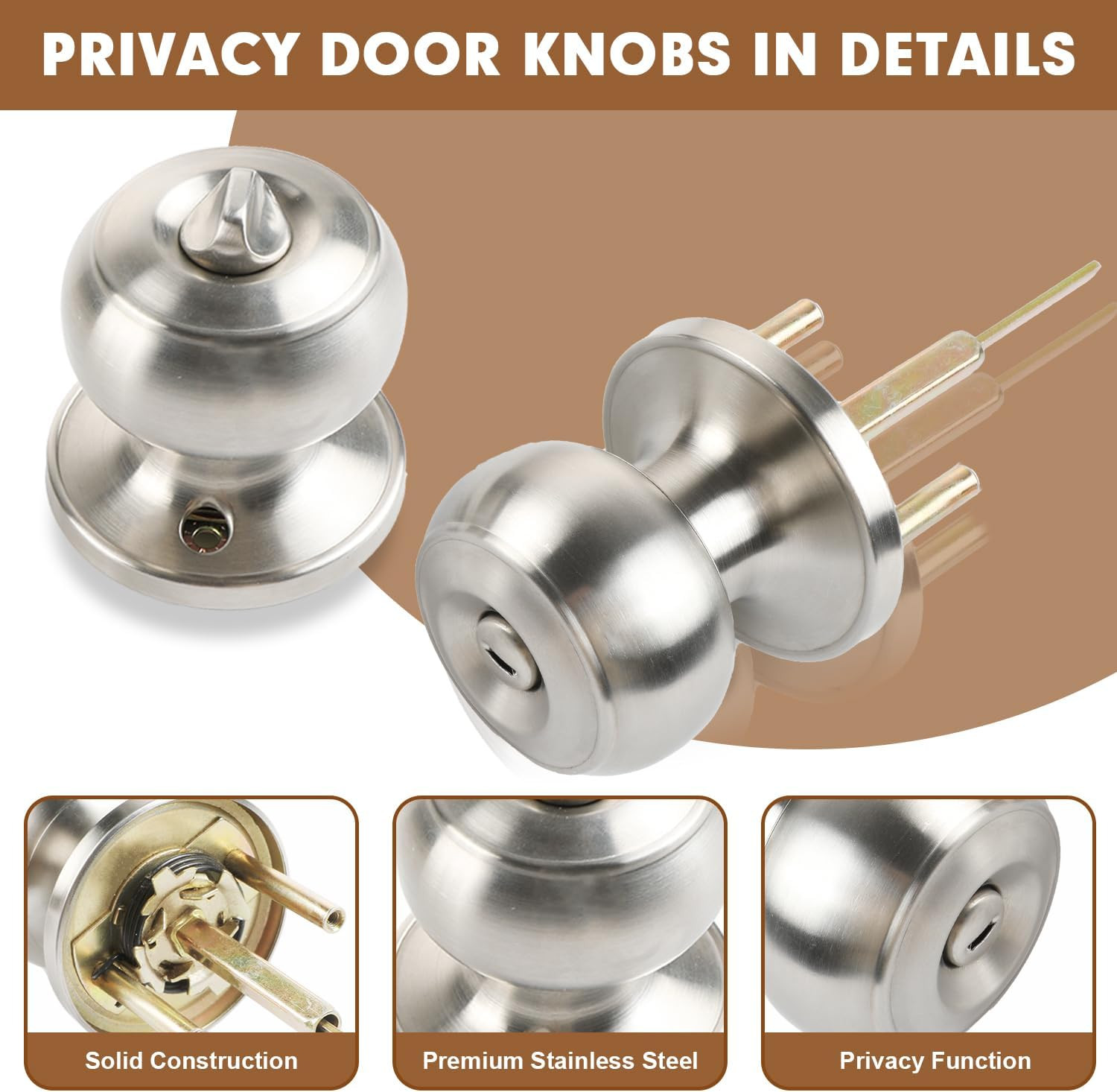 Privacy Door Knobs, 6 Pack Satin Nickel Door Knobs with Lock, Bed and Bath Door