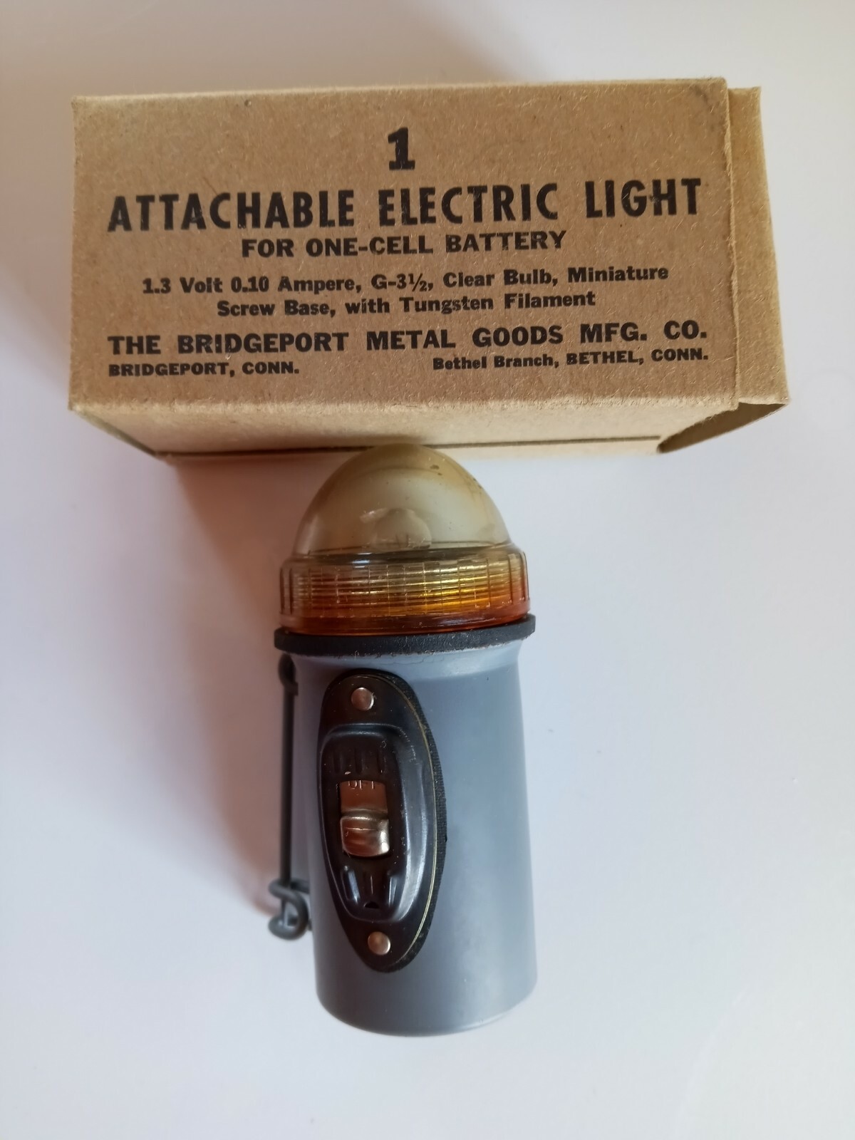 Vtg New Old Stock Box Bridgeport Ct Pin Light Flashlight USN Navy Box Attachable