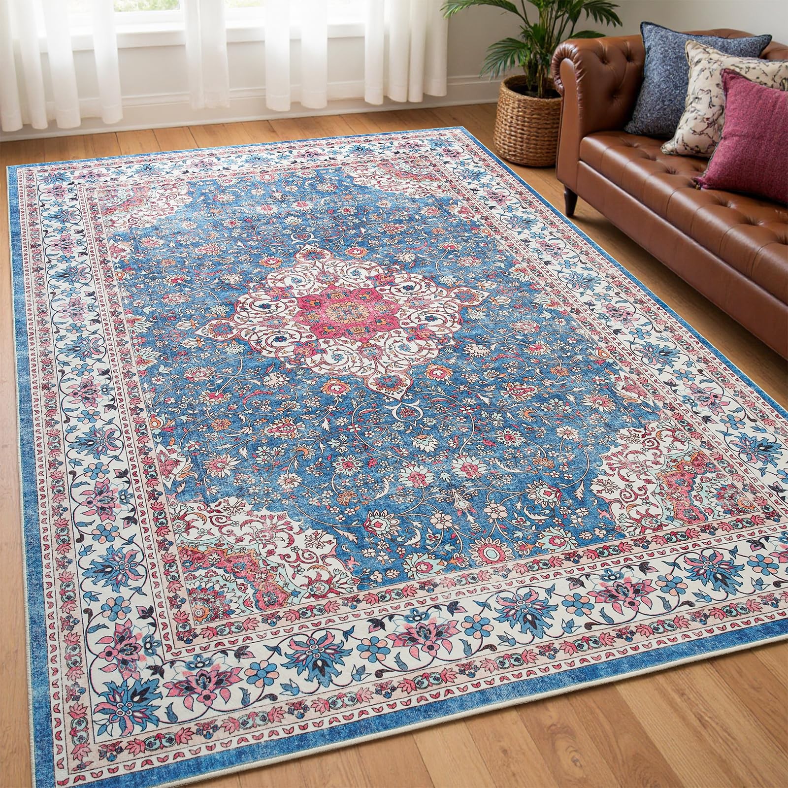 Goideal Washable Rug 5x7, Vintage Area Rugs Non Slip, 5' x 7', Blue/Hot Pink