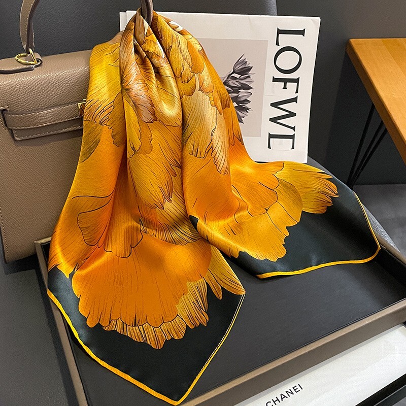 100% Mulberry  Silk 27" Square Scarf Women Neckerchief Wrap Floral Yellow Flower