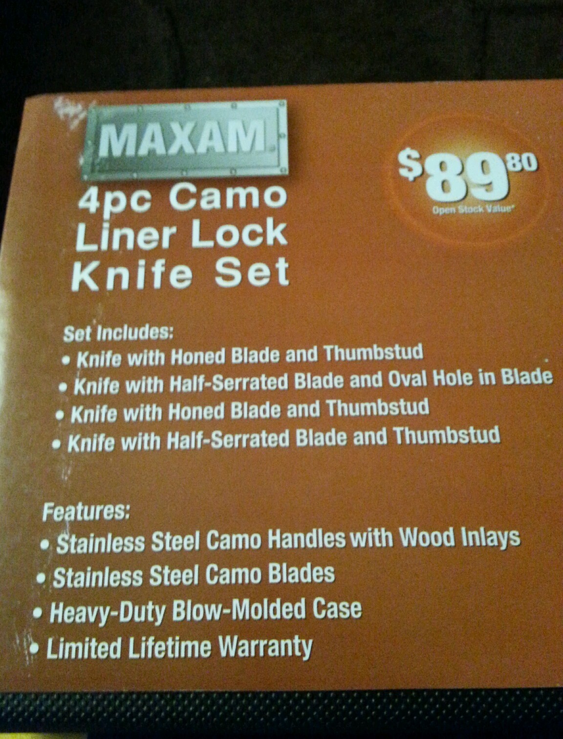 Maxam 4pc camo liner lock knife set