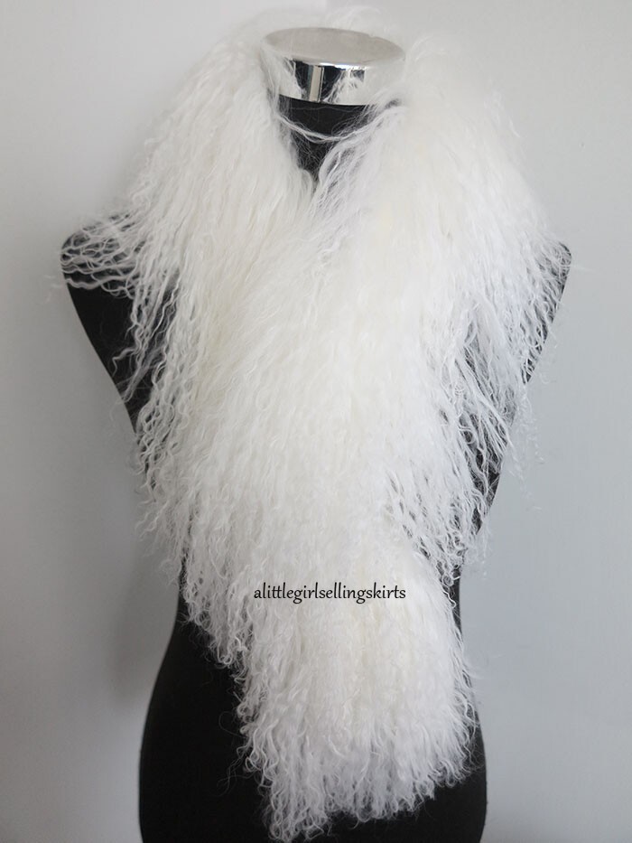 100% Real Mongolian Lamb Fur Scarf with Clip / Collar/ WHITE Wrap /women Cape
