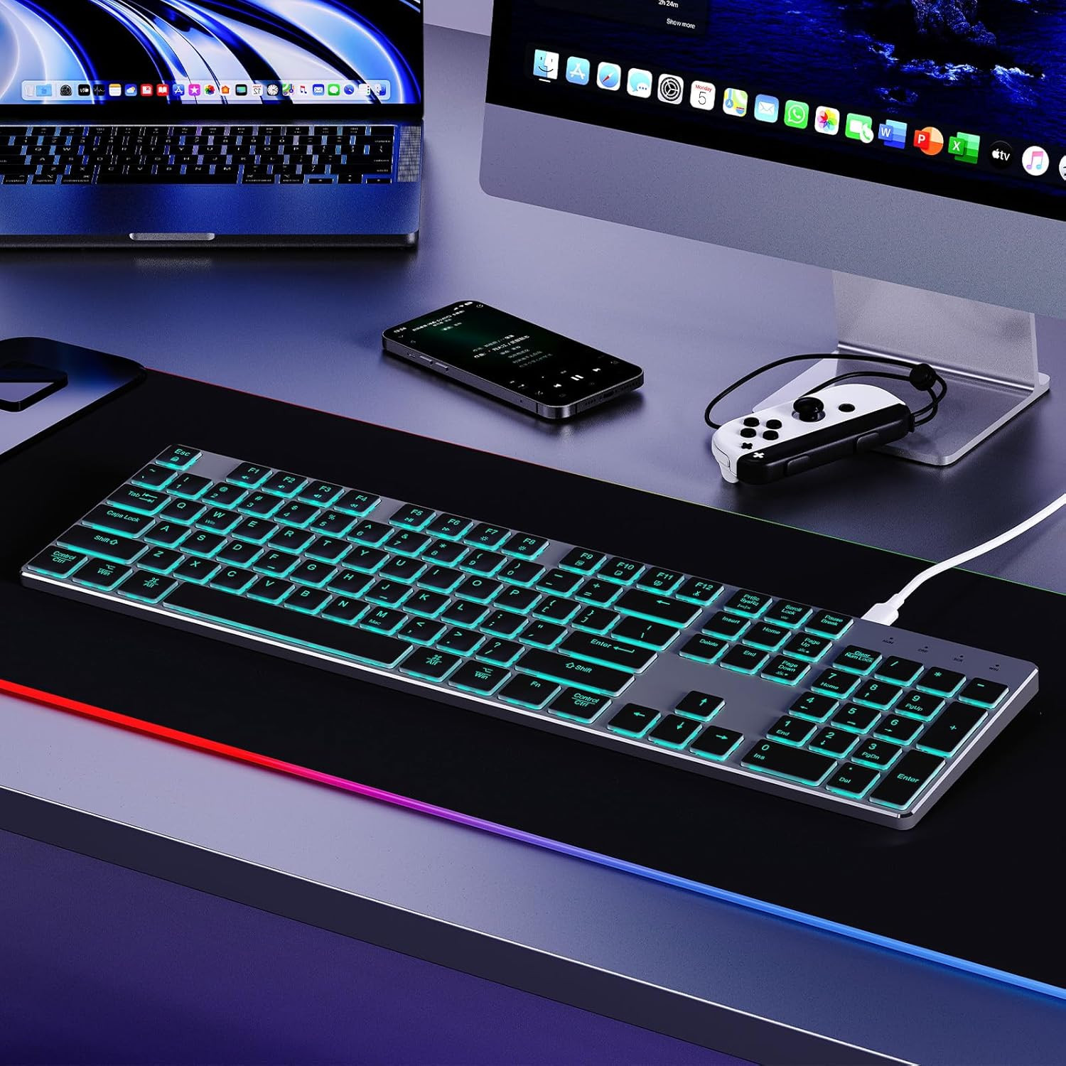 Wired Backlit Keyboard for Windows/Mac,Aluminum Slim & Quiet Full Size