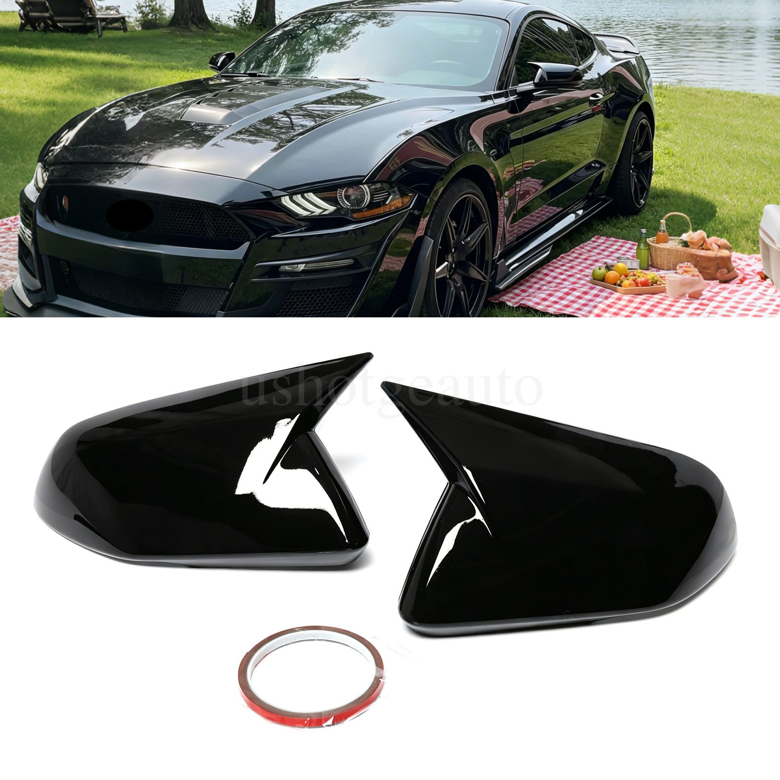 Pair For 2015-2025 Ford Mustang M Style Side Mirror Cover Cap Glossy Black LH+RH