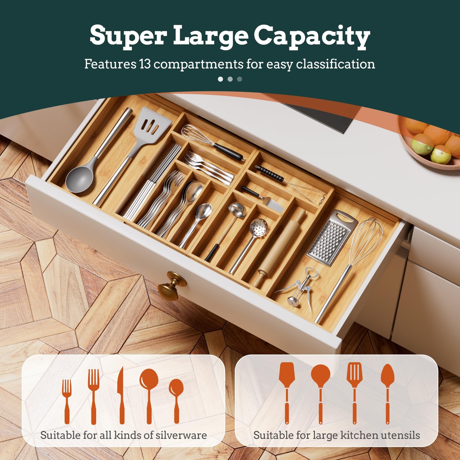 Silverware Organizer Large, Magnetic Connected Expandable 13 Slots, Natural