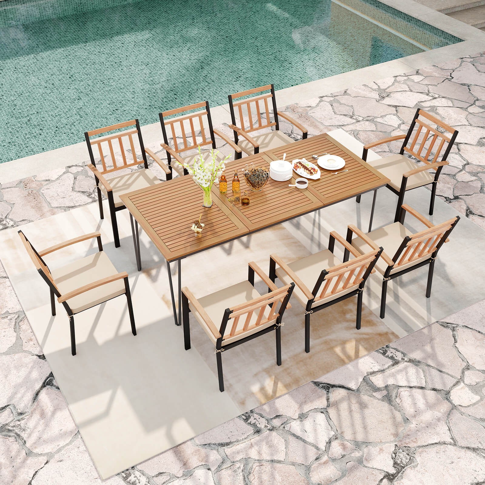 9 PCS Patio Dining Set w/Rectangular Acacia Wood Dining Table 8 Cushioned Chairs