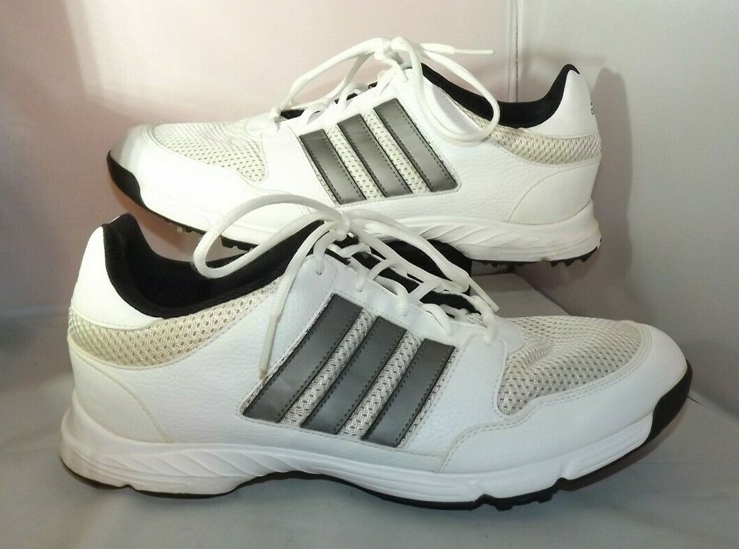 MEN'S ADIDAS GOLF SHOES #114287847 SIZE 12 WHITE,DARK SILVER. LEATHER, MESH.