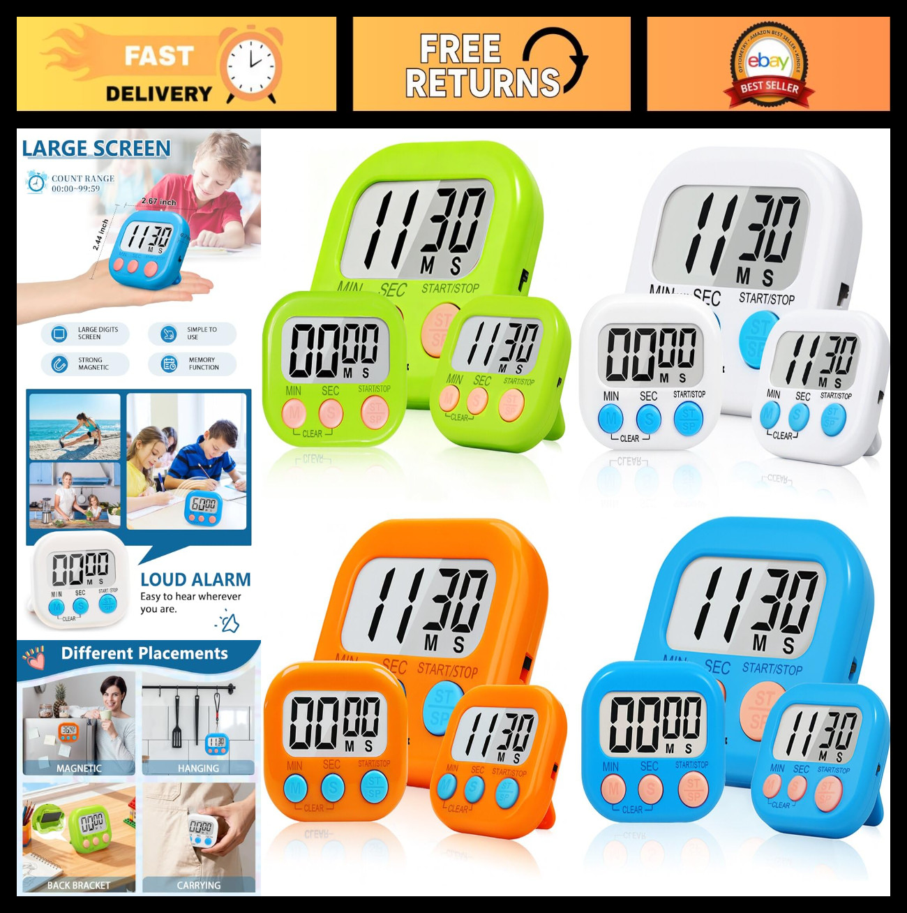 12 Pack Magnetic Digital Timers - Loud Alarm Countdown Timers for Cooking, Class