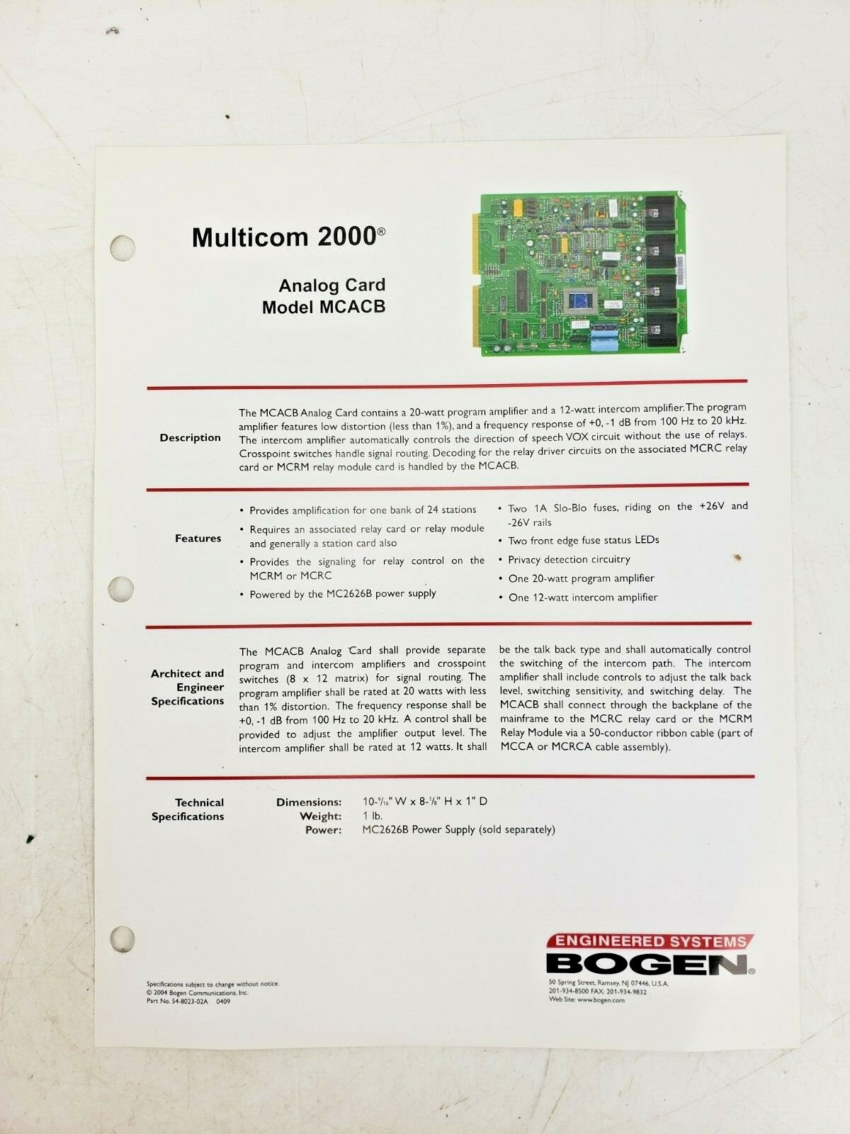 Bogen Multicom 2000 Analog Card MCACB Intercom System Used AS IS #10