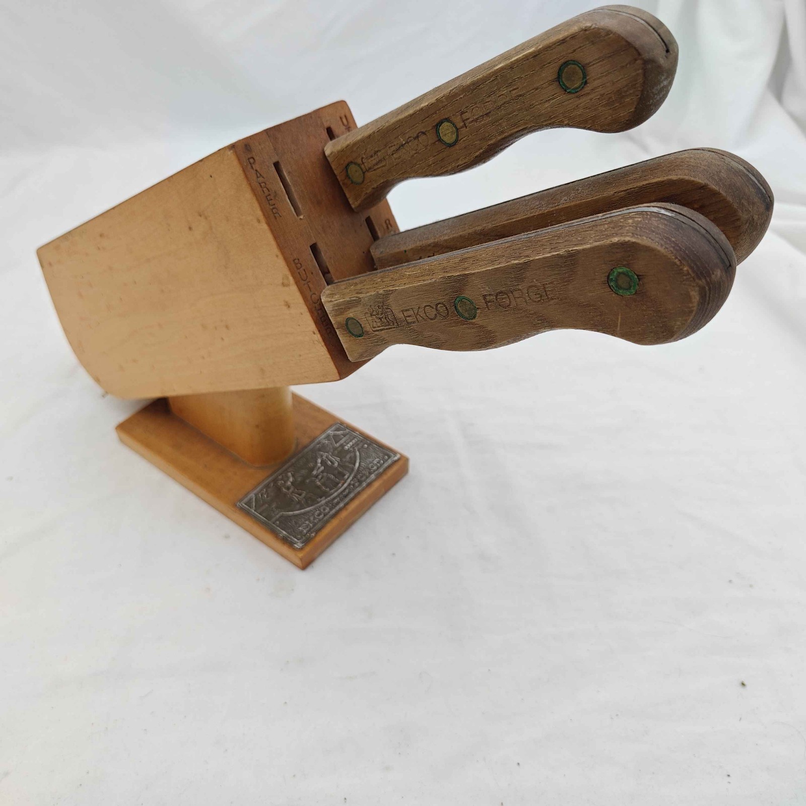 Vintage EKCO Forge 4 Slot Wood Knife Block w/ Set Of 3 Butcher Slicer Utility