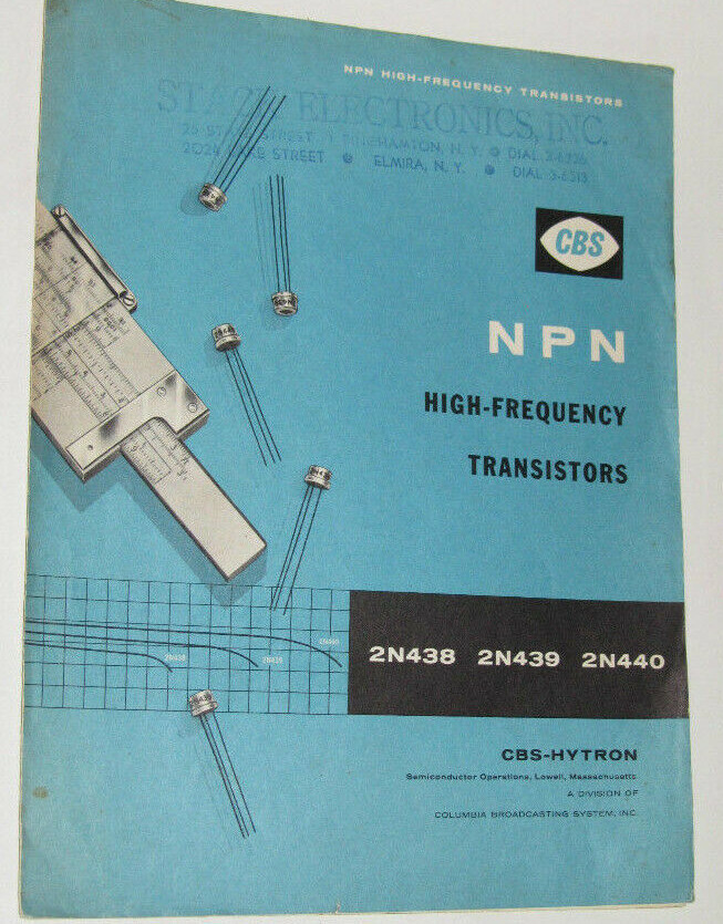 EARLY TRANSISTORS SPEC SHEET/BROCHURE! VTG 1957 NPN HIGH-FREQUENCY! CBS-HYTRON!