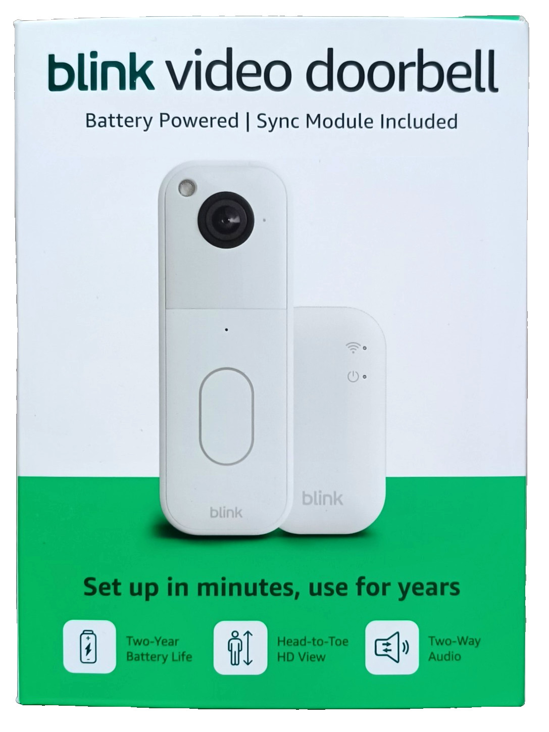 Blink Video Doorbell System with Head-to-Toe HD View Sync Module Core, White NEW