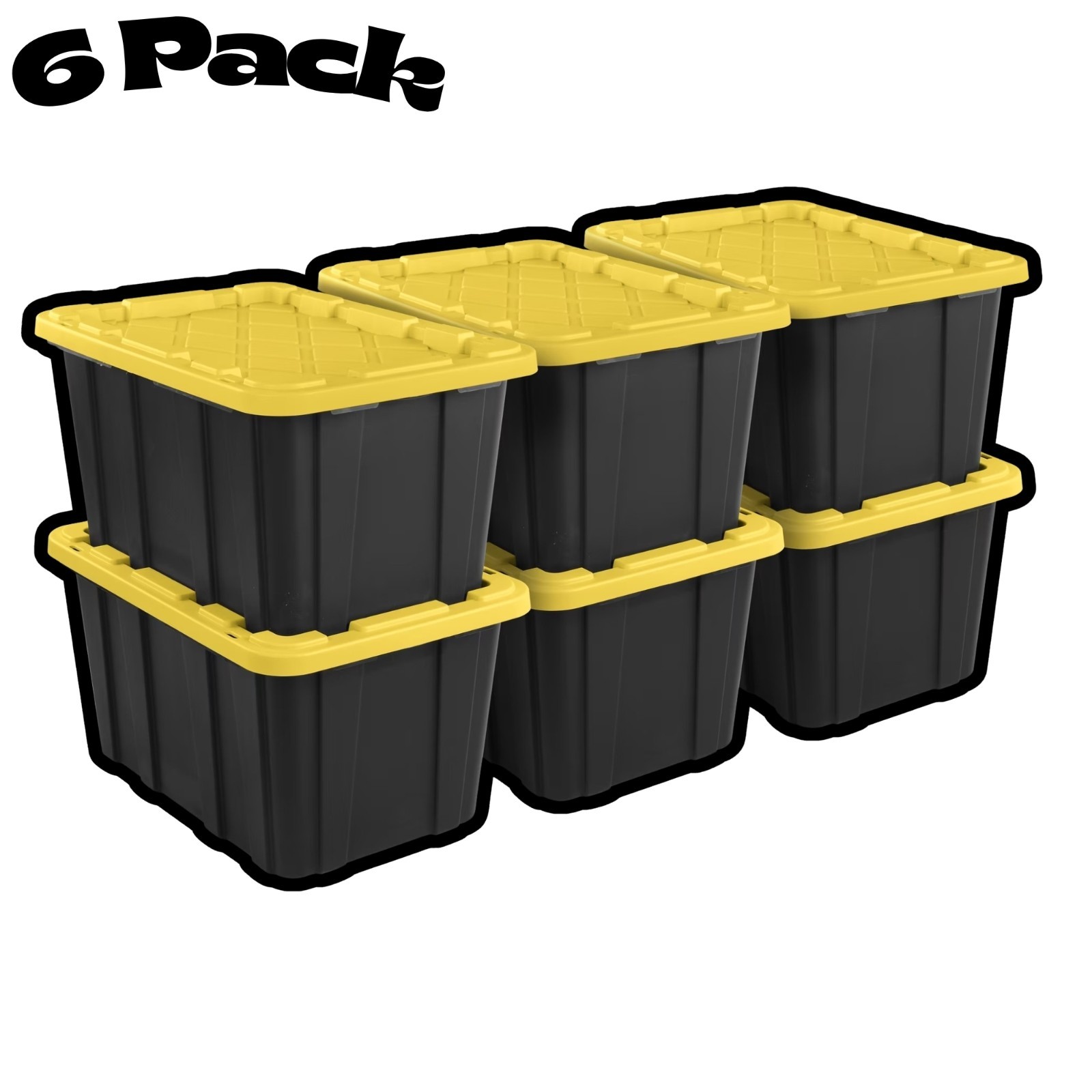 27-Gal Heavy-Duty Storage Totes w/ Snap Lid, Black/Yellow 6-Pack
