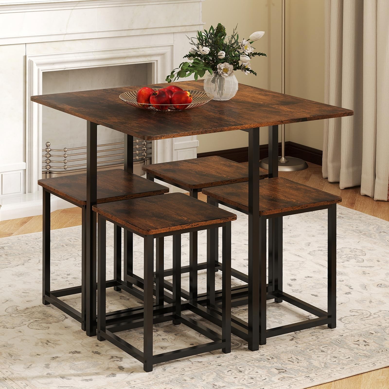 Compact Dining Table Set for 4, Small Kitchen Table Set with Square Stools an...