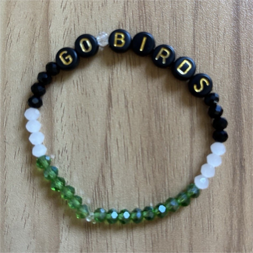 Bubbles & Baubles Studio Handmade Beaded "GO BIRDS" Bracelet Black Green White