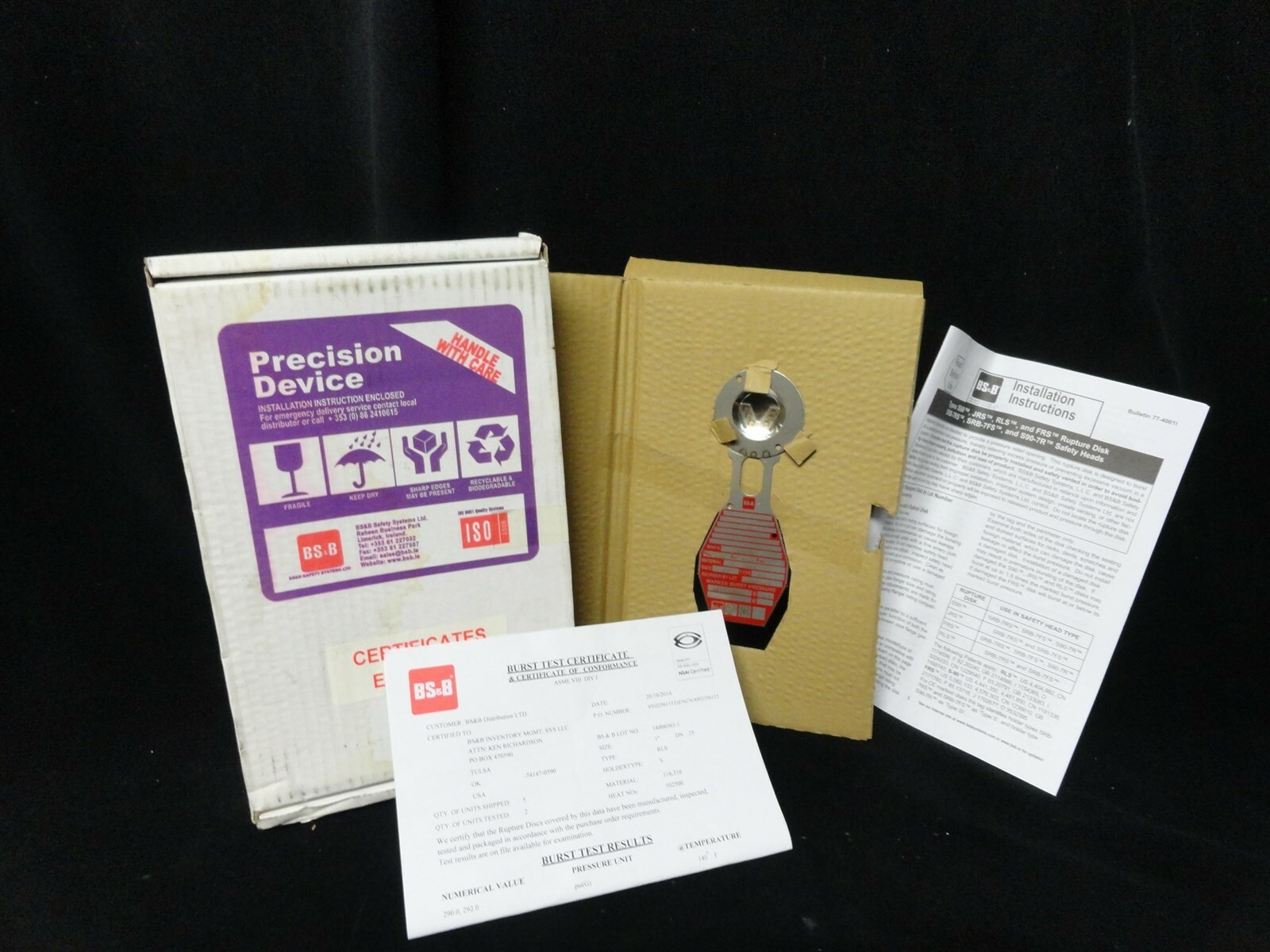 BS&B SAFETY SYSTEMS - RUPTURE DISK - TYPE RLS - SIZE 1" - 291.0 PSI @ 140F - NEW