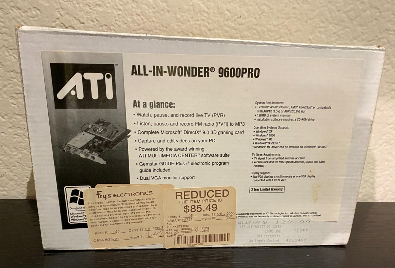 RARE ATI ALL IN WONDER AIW 9600 XT 128MB AGP Video Capture Card for Windows XP