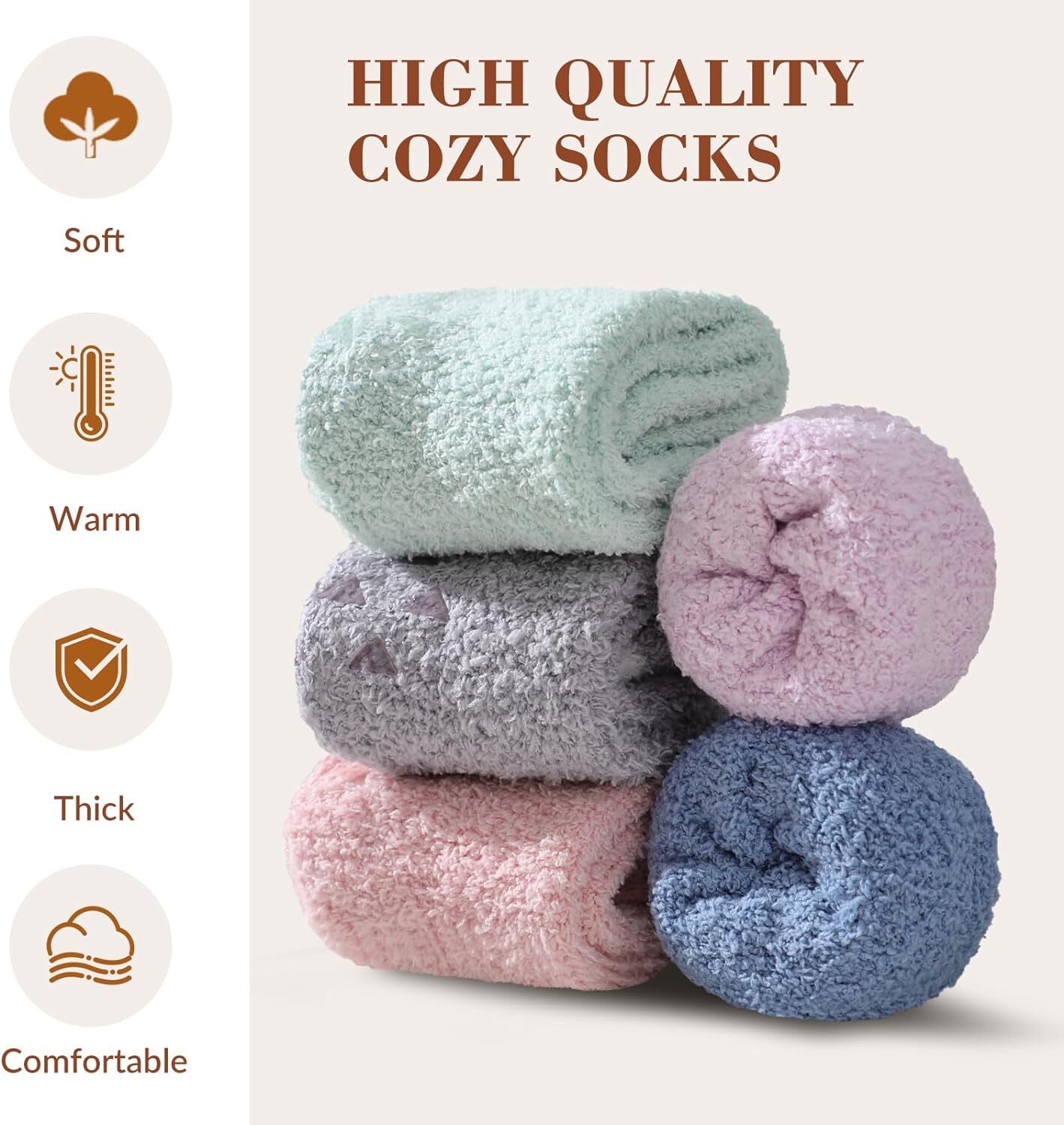 Trifabricy Fuzzy Socks - 5 Pairs Slipper A-5 Solid Color, 6-10