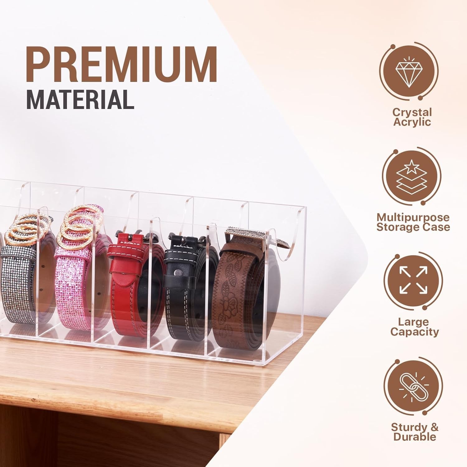 Acrylic Belt Organizer for Closet - 7 Compartments With Dust Cover