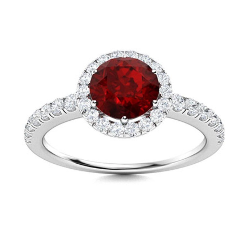 Round Garnet Solitaire Ring 925 Sterling Silver Halo Pave Engagement Gift Ring