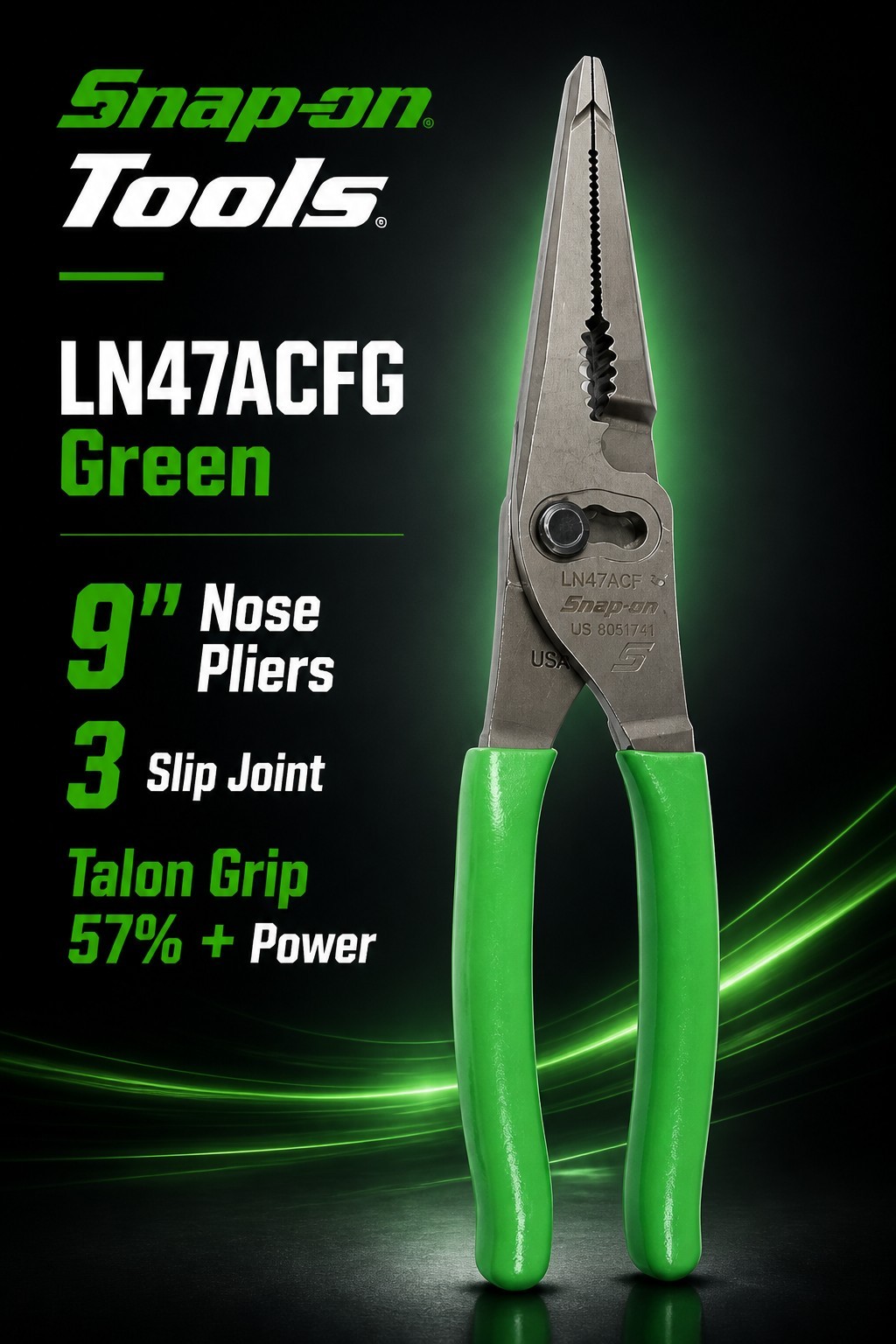 Snap On Tools 9" Long Nose Pliers 3 Slip Joint Talon Grip 57% More Power GREEN!!