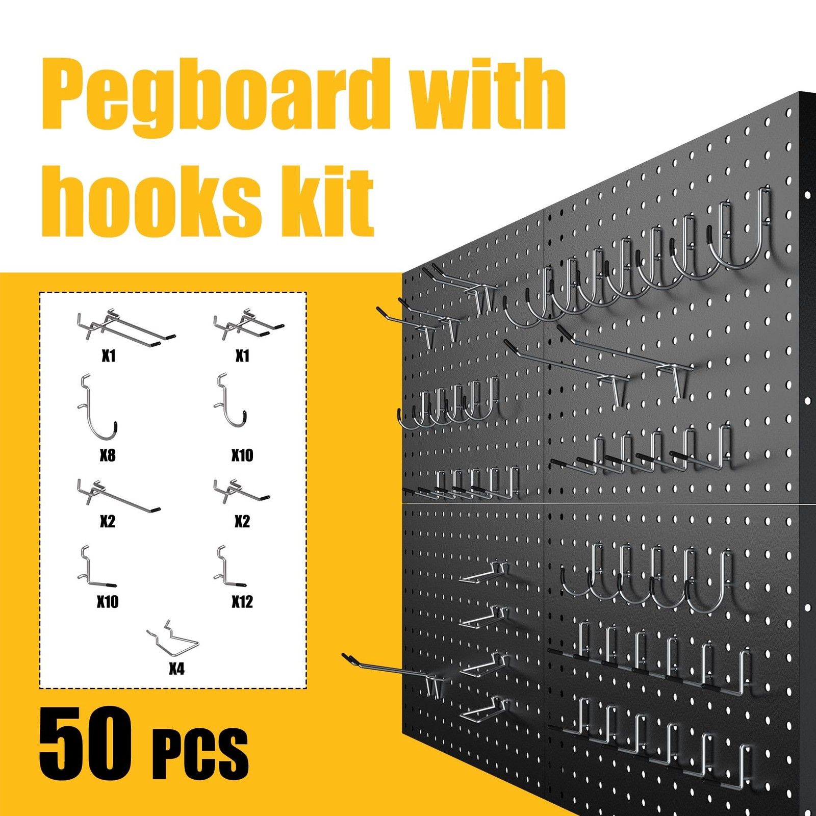 Peg Board, 4 Pack Metal Pegboard Panels with 50 Hooks, Black Pegboards Wall O...